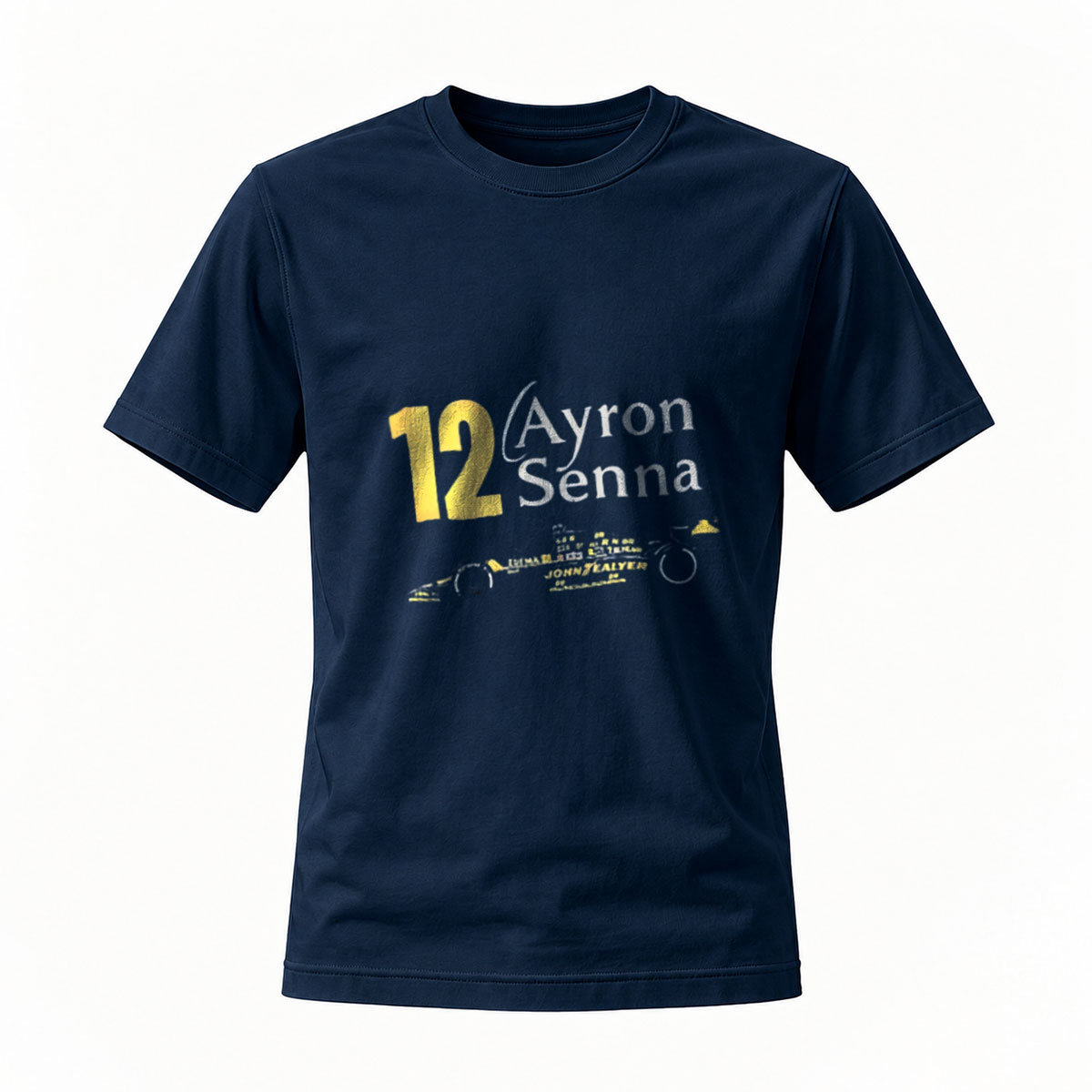 Ayrton Senna 12 Formula 1 Racing T-Shirt Men's Black Gold Print - Image 7