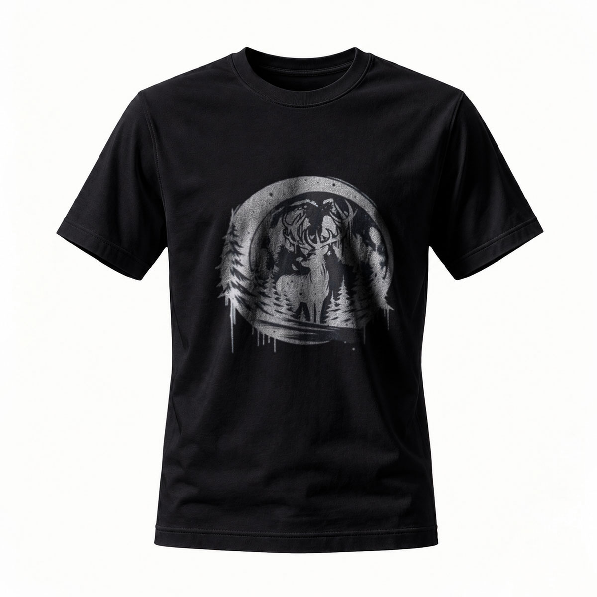 Men's Black T-Shirt Deer Forest Moon Print Casual Outfit Gift