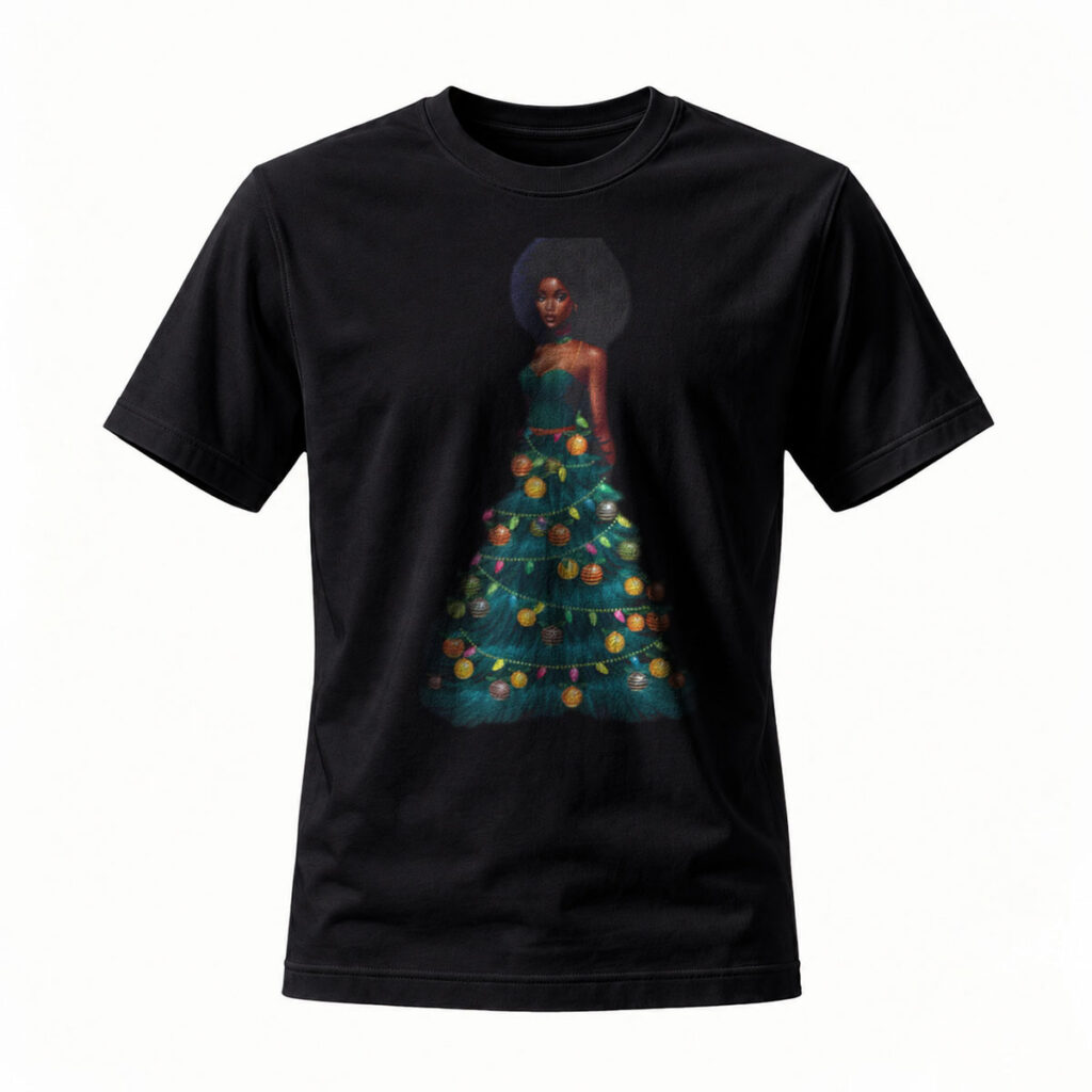 Christmas Tree Dress Woman Black T-Shirt Holiday Gift Wear