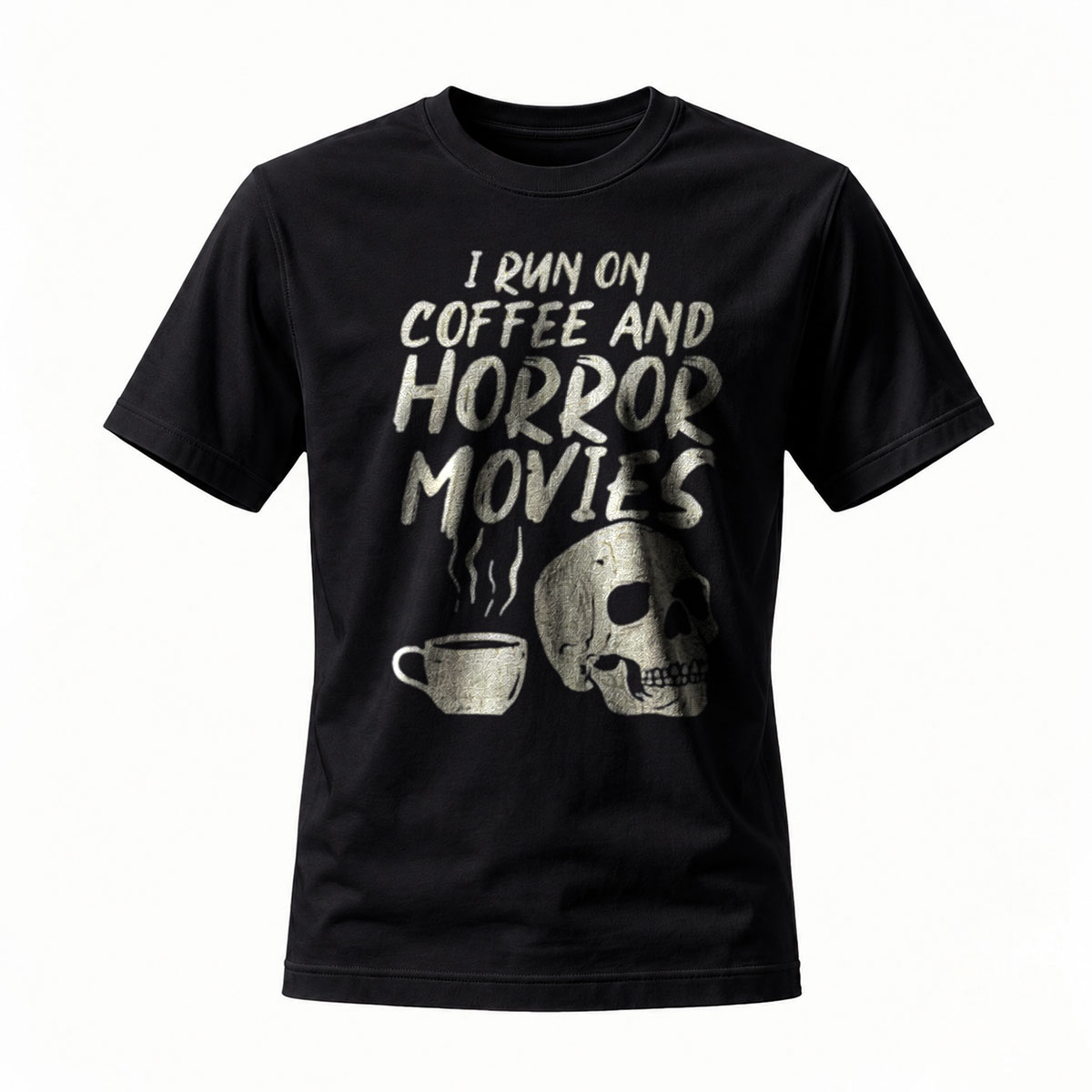 I Run On Coffee And Horror Movies T-Shirt Men's Black Skull Design