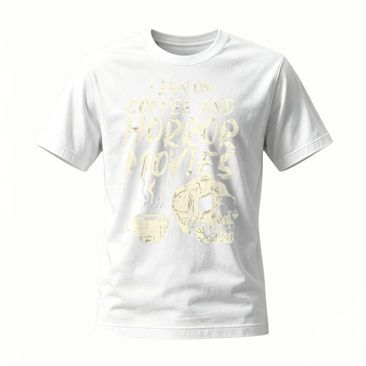 I Run On Coffee And Horror Movies T-Shirt Men's Black Skull Design - Image 2