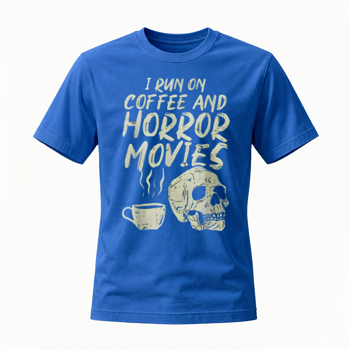 I Run On Coffee And Horror Movies T-Shirt Men's Black Skull Design - Image 4