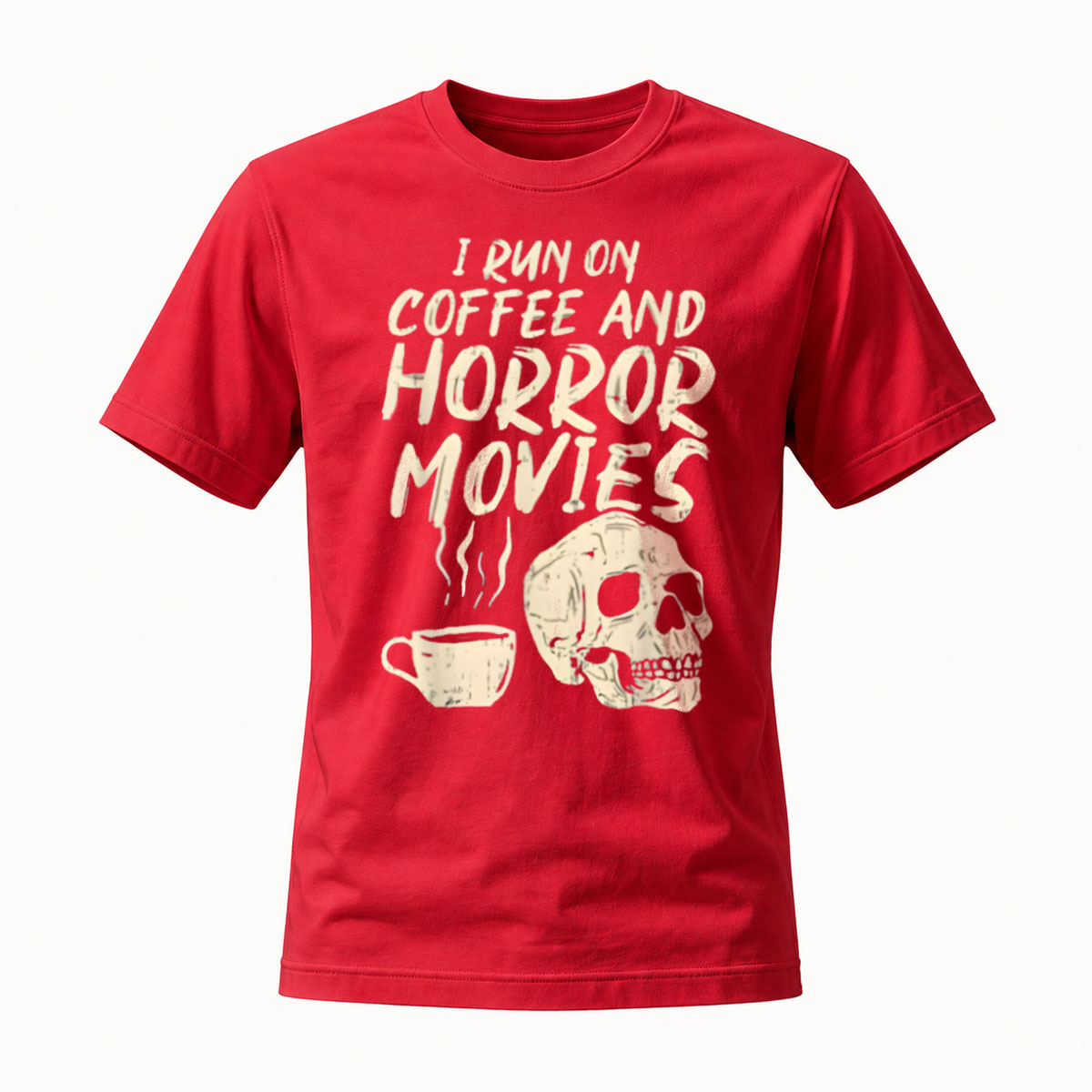 I Run On Coffee And Horror Movies T-Shirt Men's Black Skull Design - Image 5