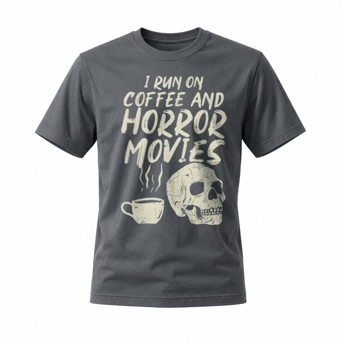 I Run On Coffee And Horror Movies T-Shirt Men's Black Skull Design - Image 6