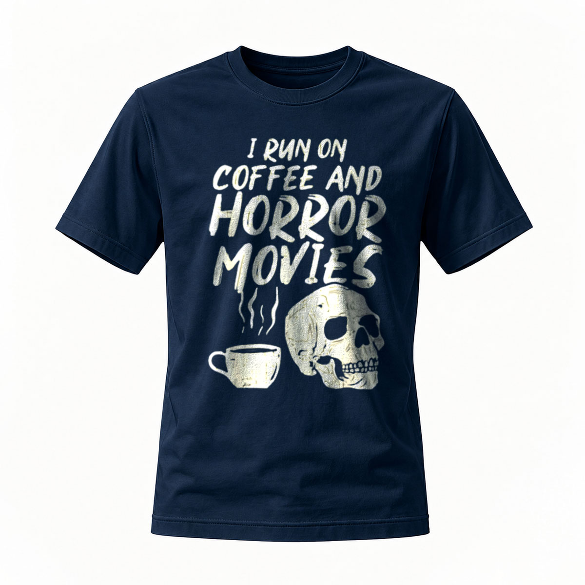 I Run On Coffee And Horror Movies T-Shirt Men's Black Skull Design - Image 7