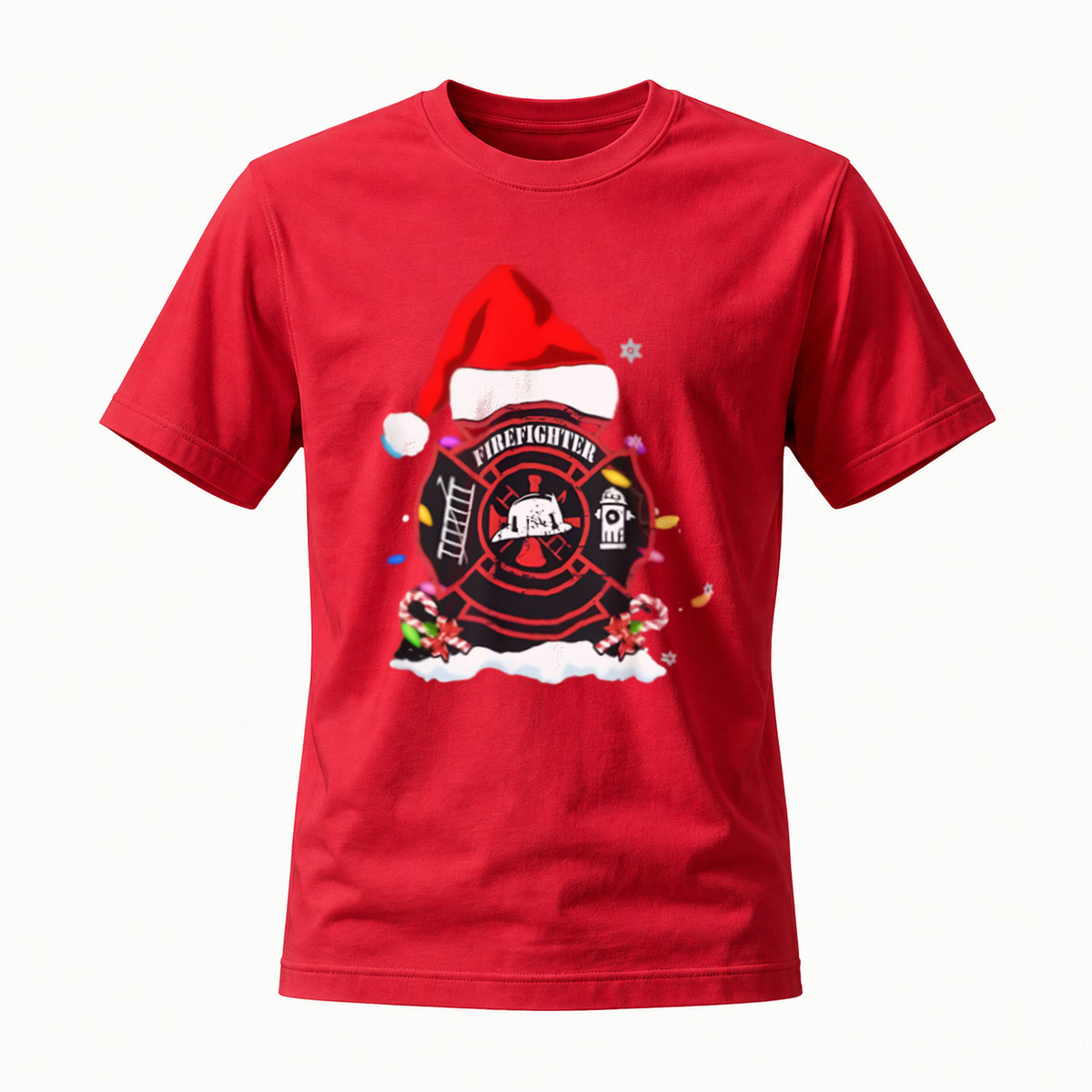 Firefighter Christmas Santa Hat T-Shirt Men's Holiday Gift - Image 5