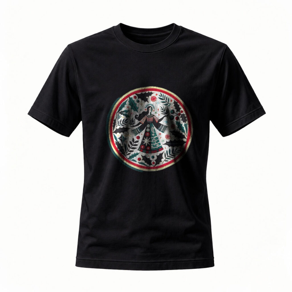 Black T-Shirt with Mexican Folk Art Print Women's Men's Casual Wear Gift Idea