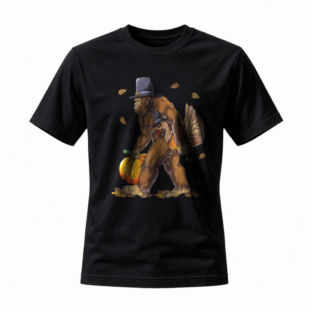 Bigfoot Thanksgiving Turkey Man Black T-Shirt