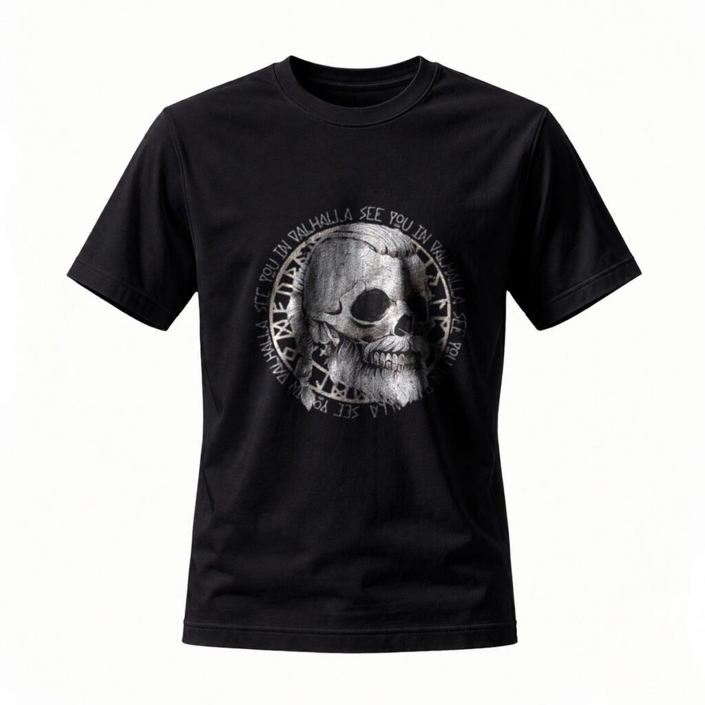 Black T-Shirt Skull Print See You In Valhalla Viking Design