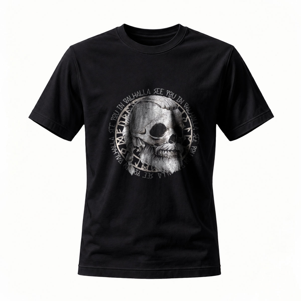 Black T-Shirt Skull Print See You In Valhalla Viking Design
