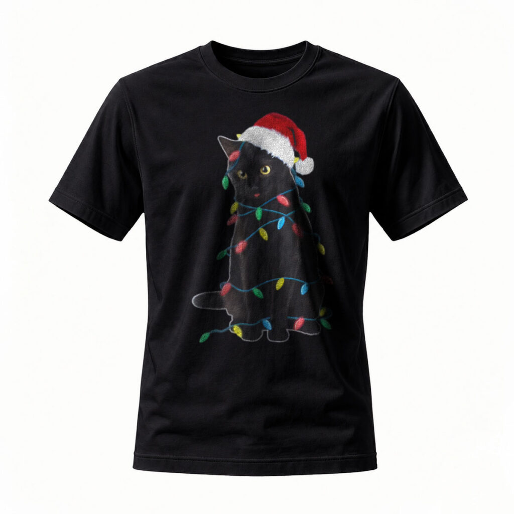 Black Cat Christmas Lights Santa Hat T-Shirt Men's Women's Holiday Gift
