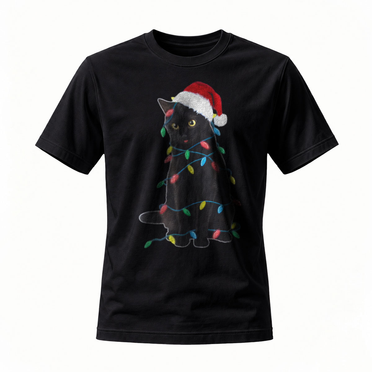 Black Cat Christmas Lights Santa Hat T-Shirt Men's Women's Holiday Gift