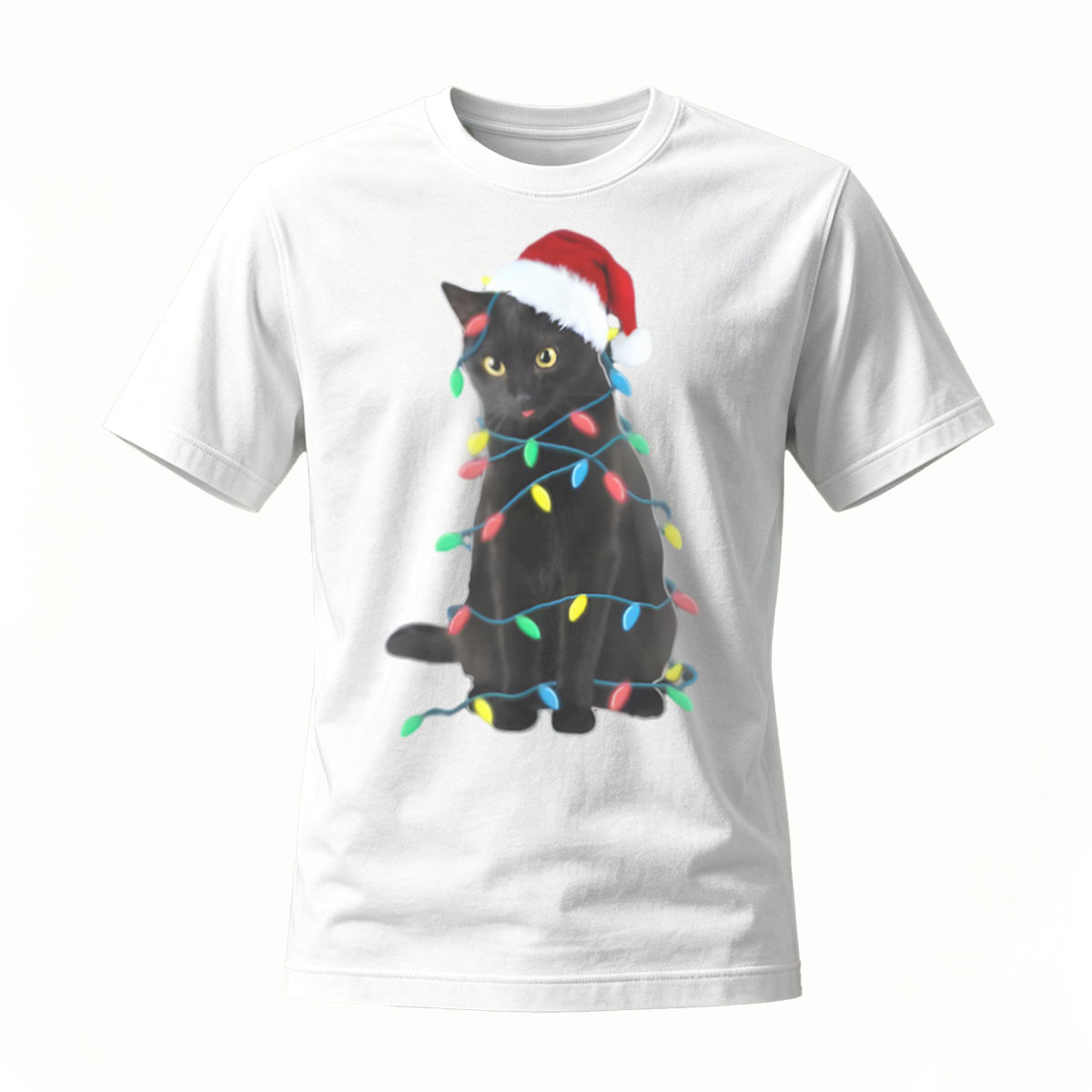 Black Cat Christmas Lights Santa Hat T-Shirt Men's Women's Holiday Gift - Image 2