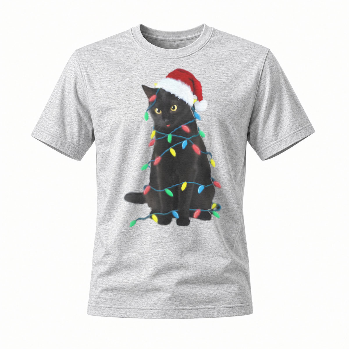 Black Cat Christmas Lights Santa Hat T-Shirt Men's Women's Holiday Gift - Image 3