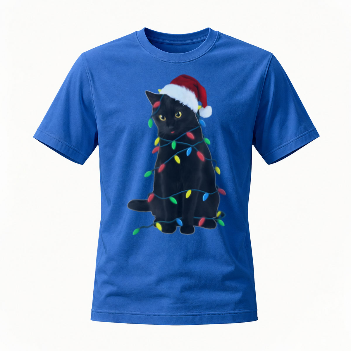 Black Cat Christmas Lights Santa Hat T-Shirt Men's Women's Holiday Gift - Image 4