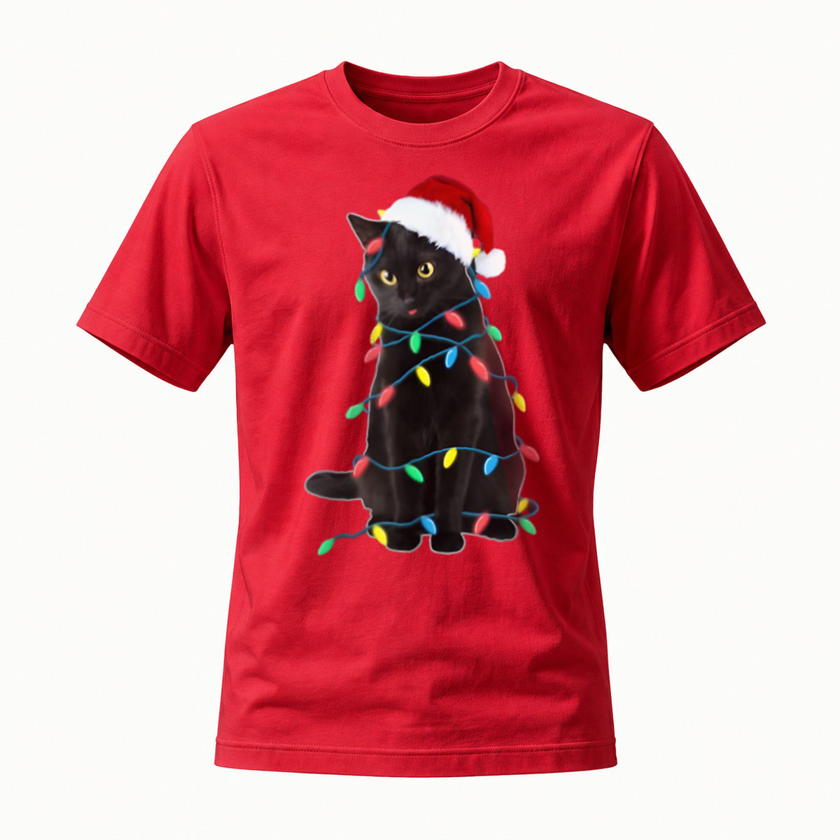 Black Cat Christmas Lights Santa Hat T-Shirt Men's Women's Holiday Gift - Image 5