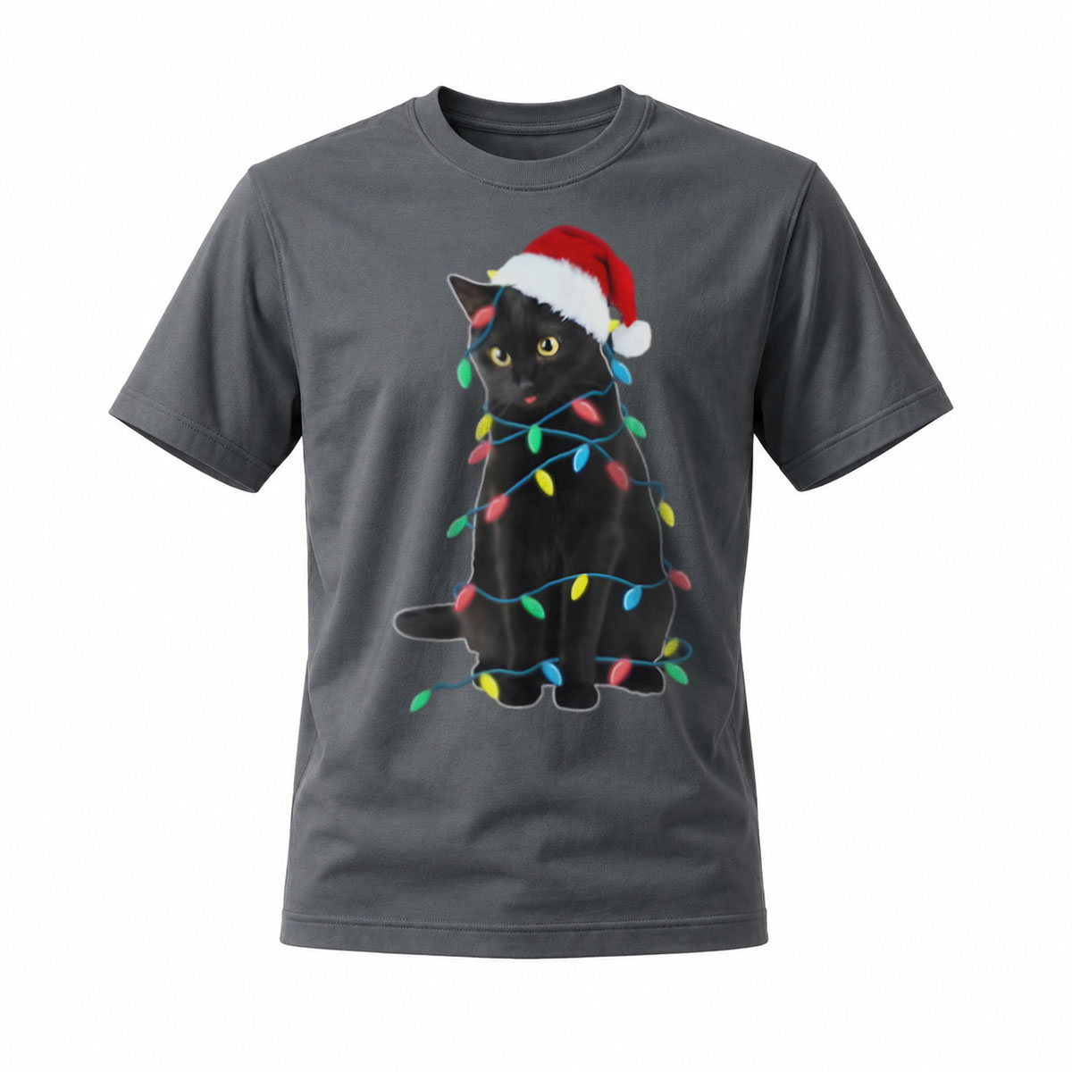 Black Cat Christmas Lights Santa Hat T-Shirt Men's Women's Holiday Gift - Image 6