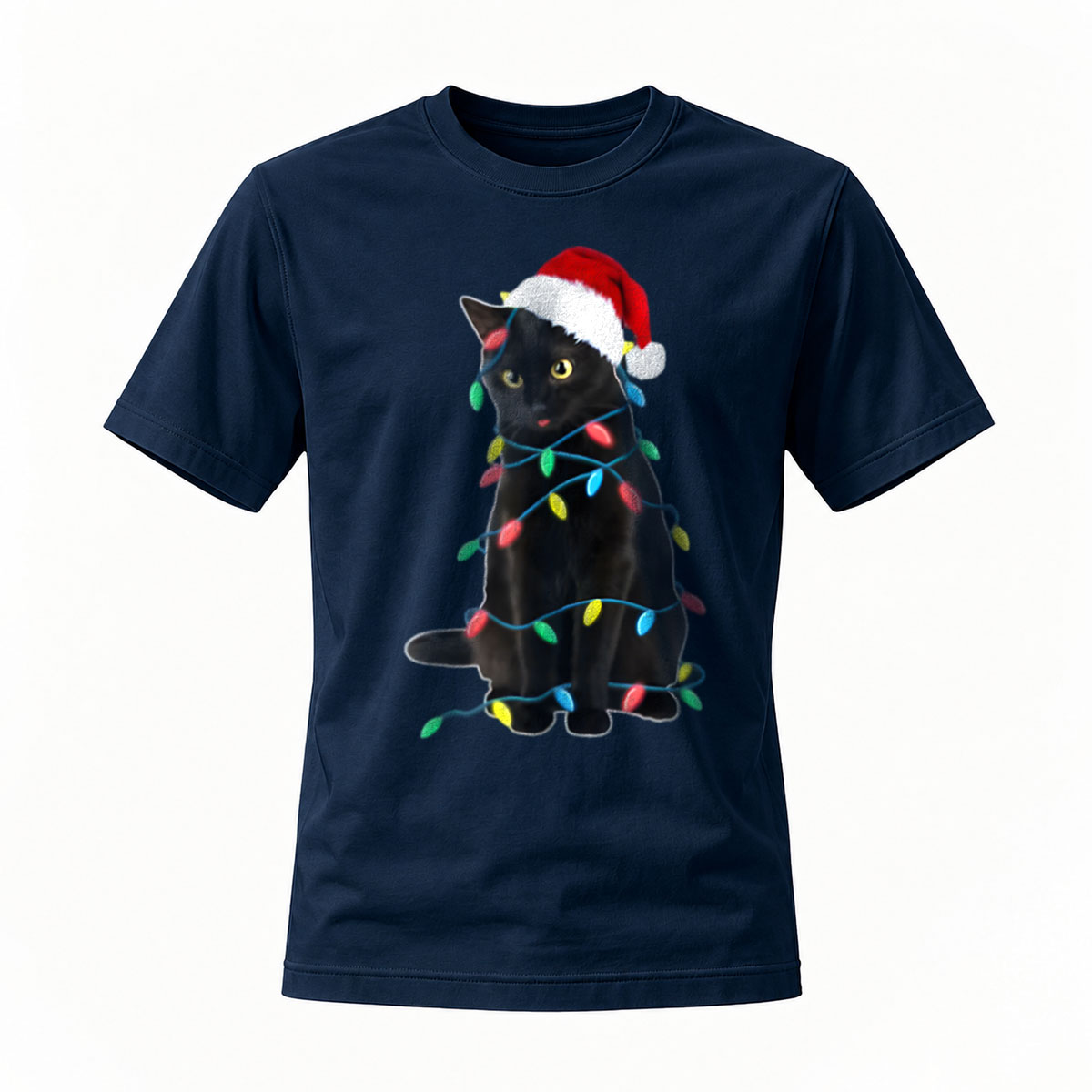 Black Cat Christmas Lights Santa Hat T-Shirt Men's Women's Holiday Gift - Image 7
