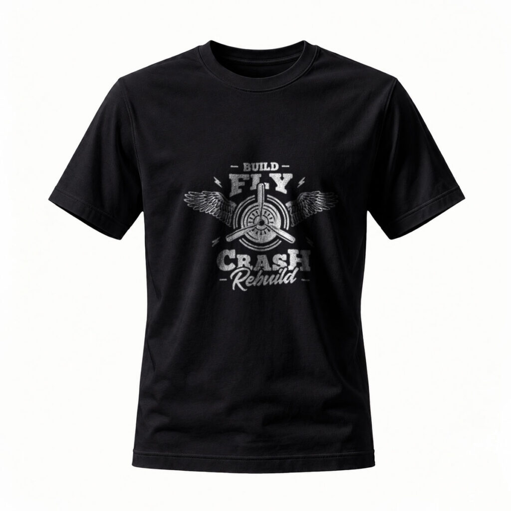 Build Fly Crash Rebuild Mens T-Shirt Aviation Theme Graphic Tee
