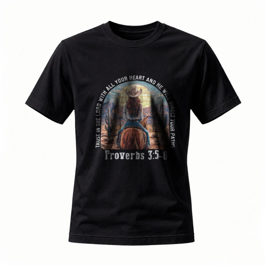 Trust in the Lord Cowgirl Riding Horse Proverbs 3:5-6 T-Shirt