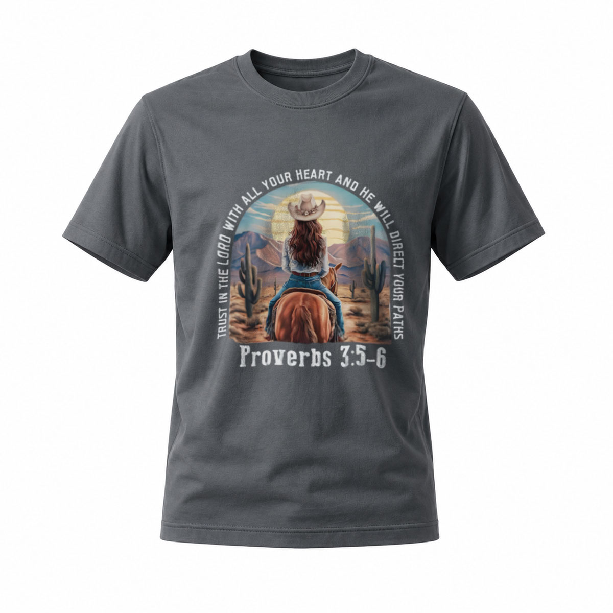 Trust in the Lord Cowgirl Riding Horse Proverbs 3:5-6 T-Shirt - Image 6