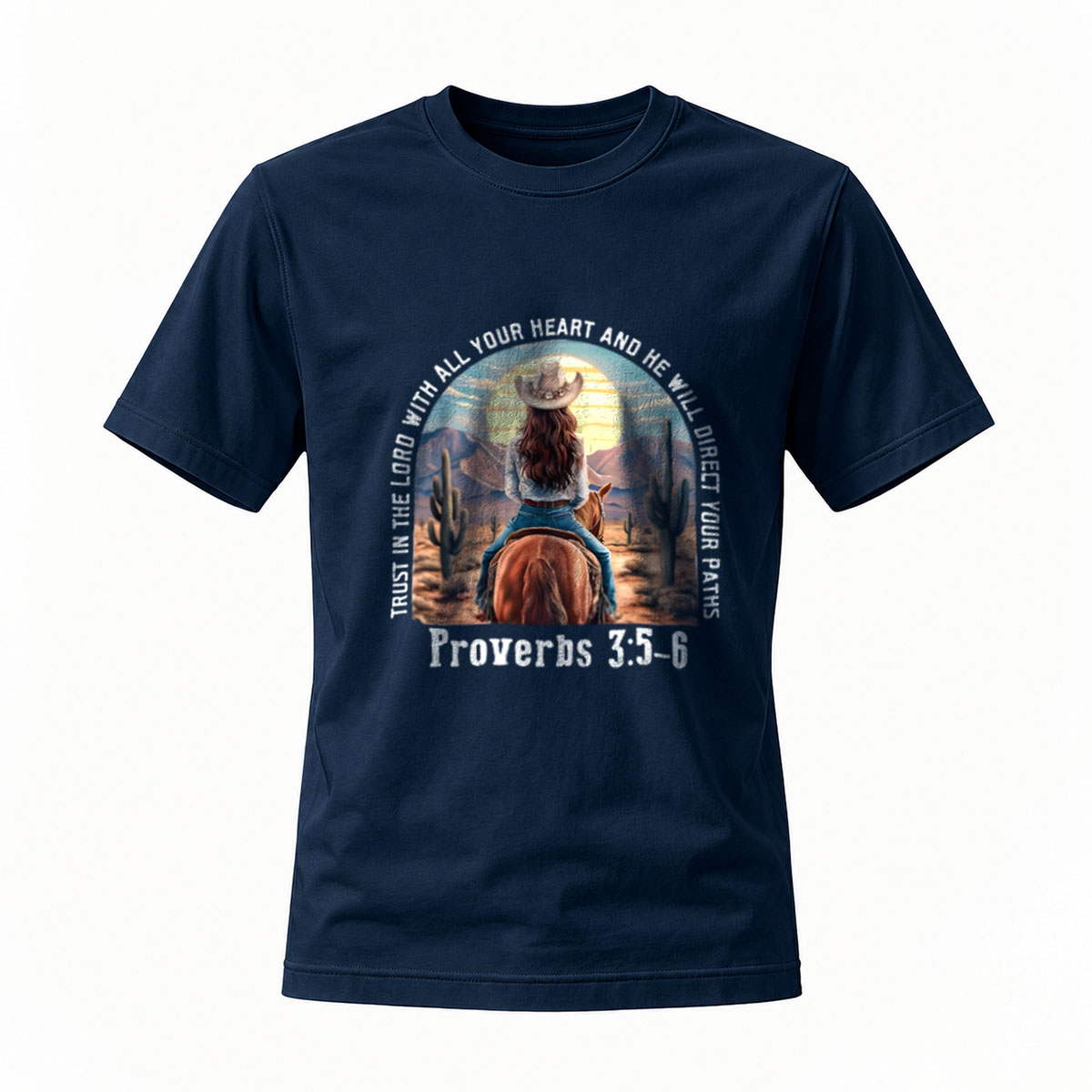 Trust in the Lord Cowgirl Riding Horse Proverbs 3:5-6 T-Shirt - Image 7