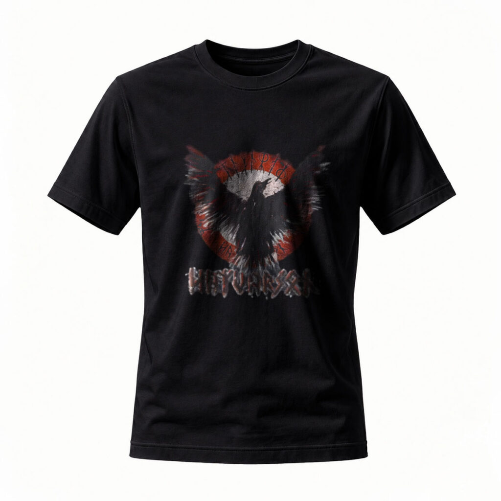 Black T-Shirt with Raven and Red Circle Design for Men Women Casual Wear Gift