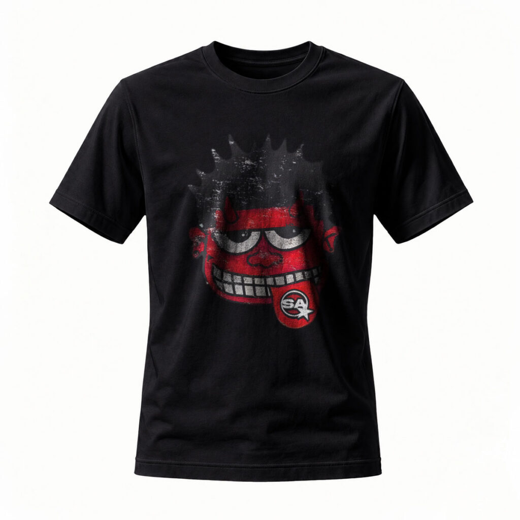Black T-Shirt with Red Cartoon Face Graphic SA Logo Design Men's Casual Wear