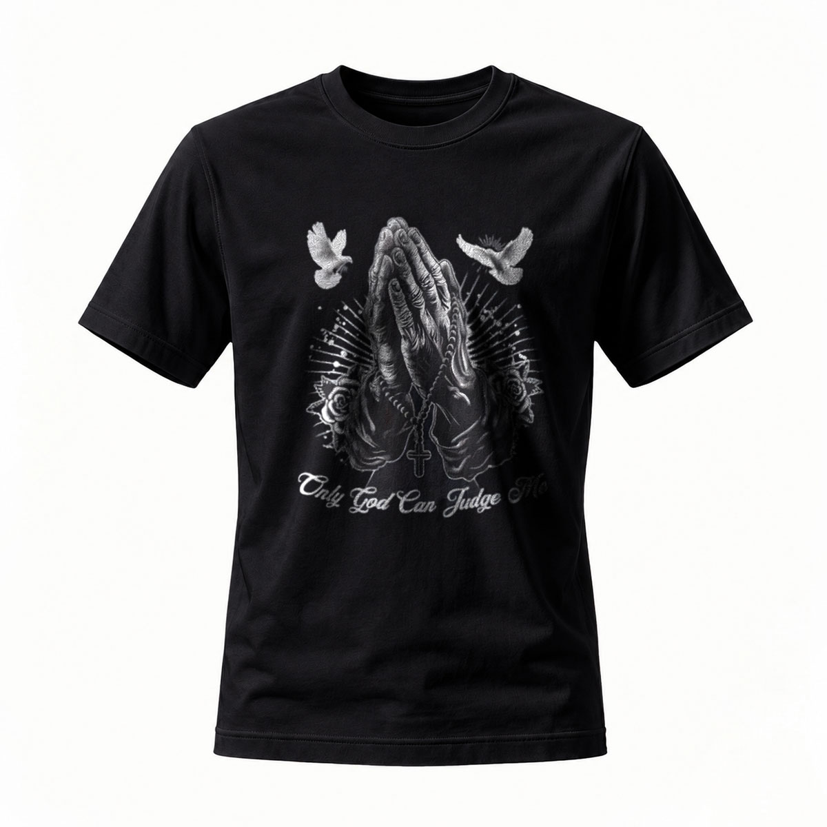 Only God Can Judge Me Prayer Hands T-Shirt Men's Black宗教主题印花T恤男款