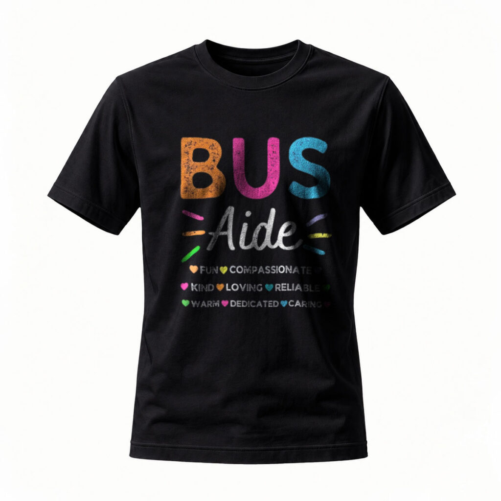 Bus Aide T-Shirt Colorful Fun Compassionate Kind Loving Reliability Warm Dedicated Caring Gift for School Staff