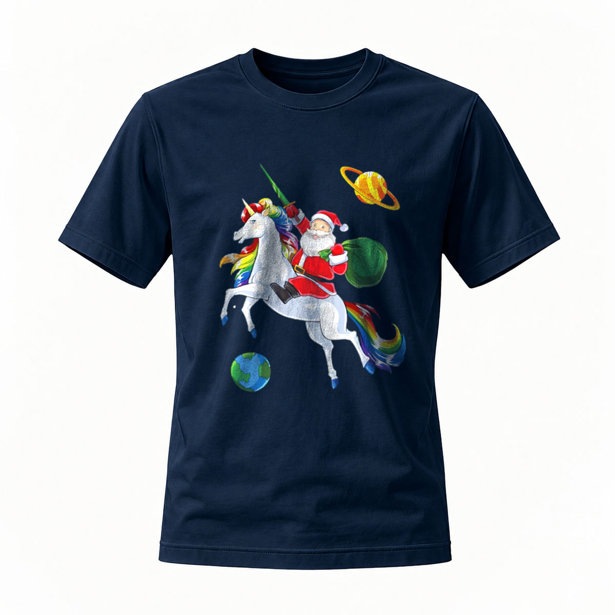 Santa Riding Unicorn Space Christmas Men's T-Shirt - Image 7