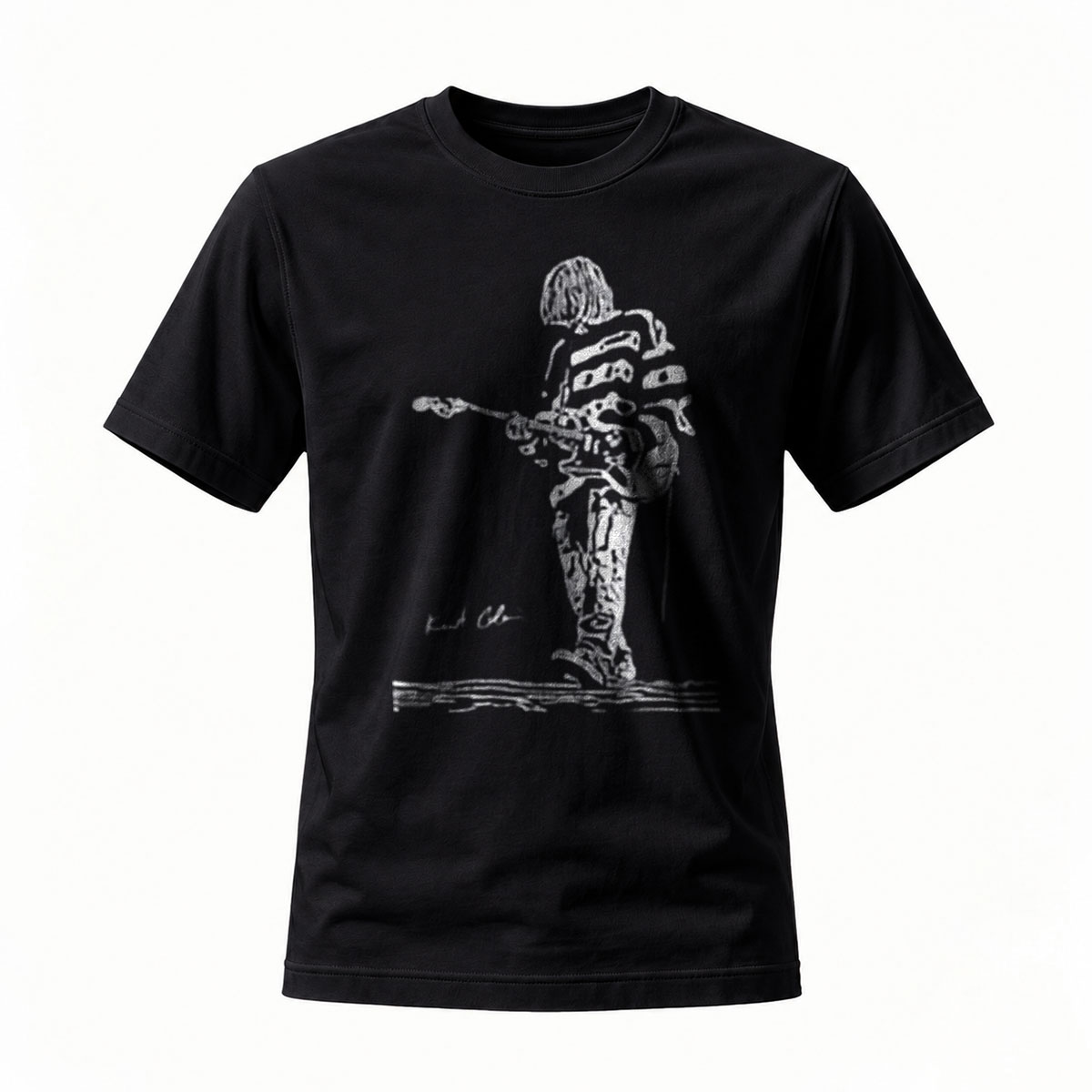 Black T-Shirt with Guitarist Sketch Art Print for Music Lovers