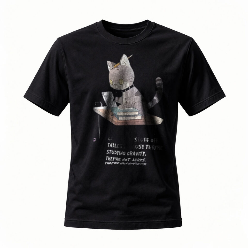 Cat Studying Gravity Funny T-Shirt Men's Women's Casual Wear Gift