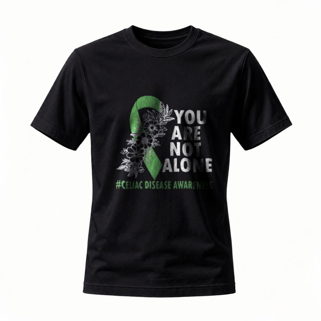 Celiac Disease Awareness T-Shirt You Are Not Alone Green Ribbon Men Women Apparel Gift