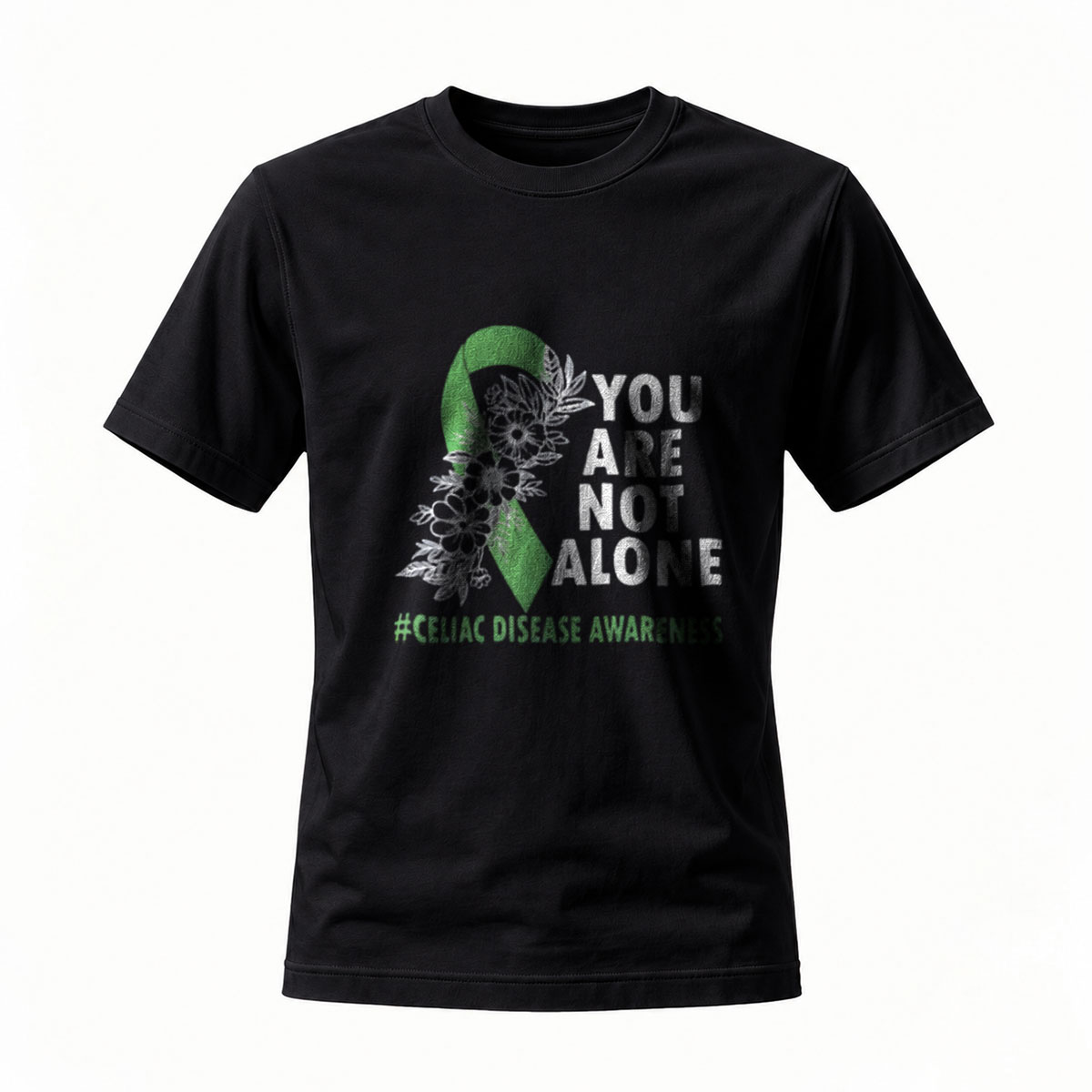 Celiac Disease Awareness T-Shirt You Are Not Alone Green Ribbon Men Women Apparel Gift
