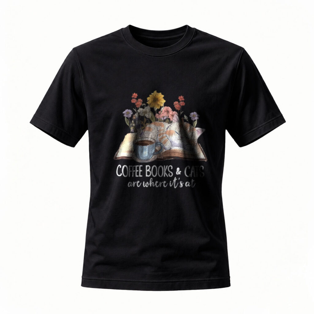 Coffee Books Cats T-Shirt Men Women Gift Reading Lover Casual Wear