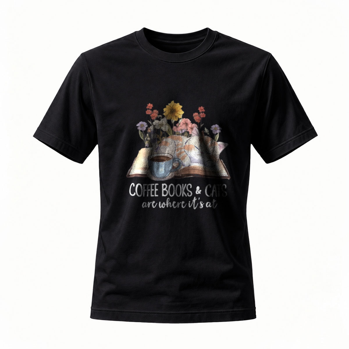Coffee Books Cats T-Shirt Men Women Gift Reading Lover Casual Wear