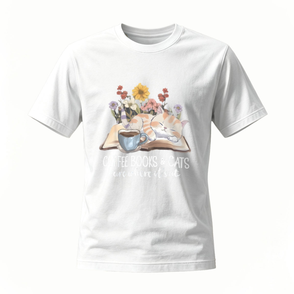 Coffee Books Cats T-Shirt Men Women Gift Reading Lover Casual Wear - Image 2