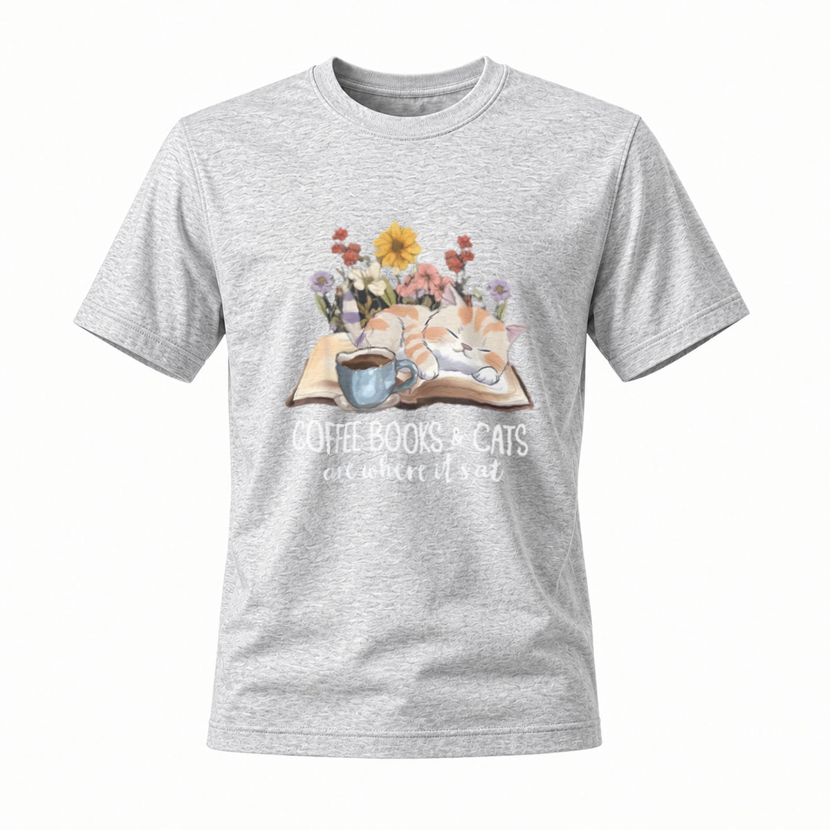 Coffee Books Cats T-Shirt Men Women Gift Reading Lover Casual Wear - Image 3