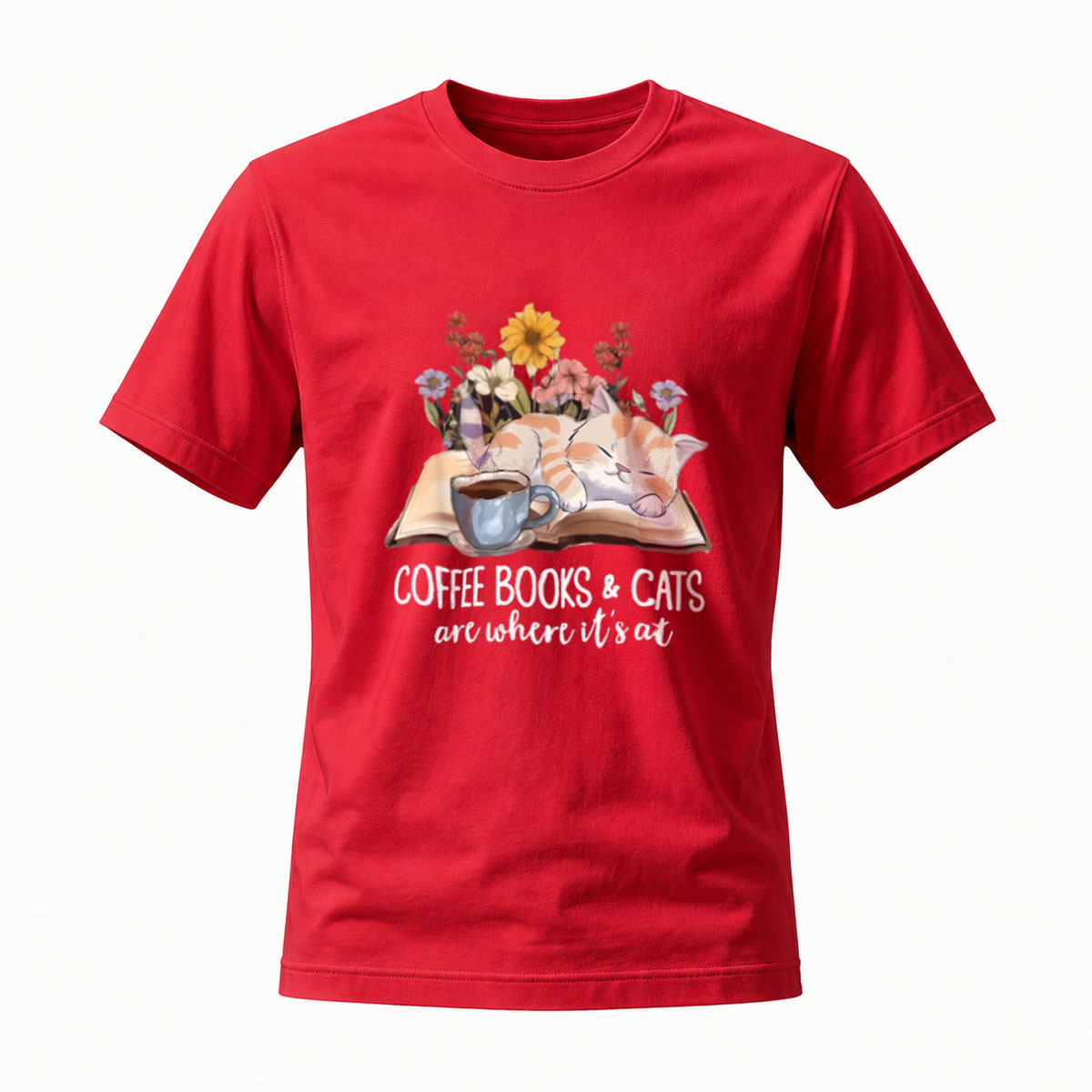 Coffee Books Cats T-Shirt Men Women Gift Reading Lover Casual Wear - Image 5