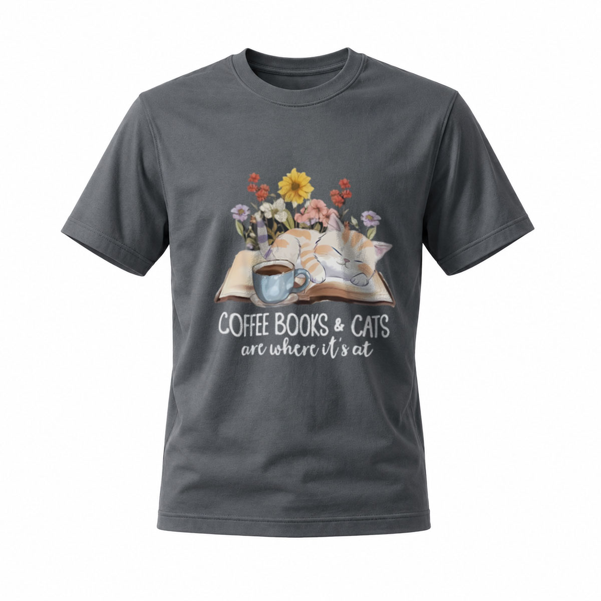 Coffee Books Cats T-Shirt Men Women Gift Reading Lover Casual Wear - Image 6