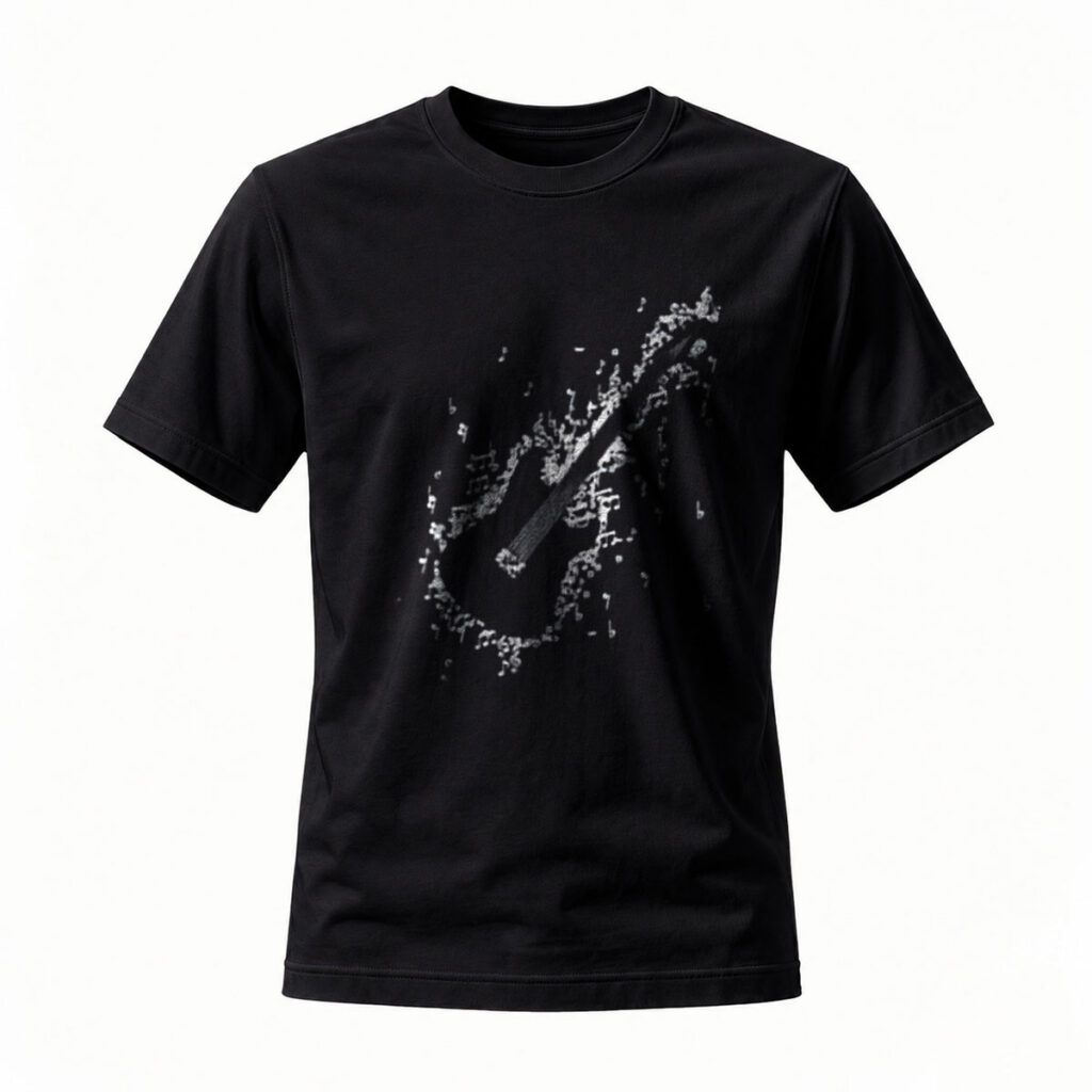 Black T-Shirt with Abstract Guitar Print Men's Casual Wear