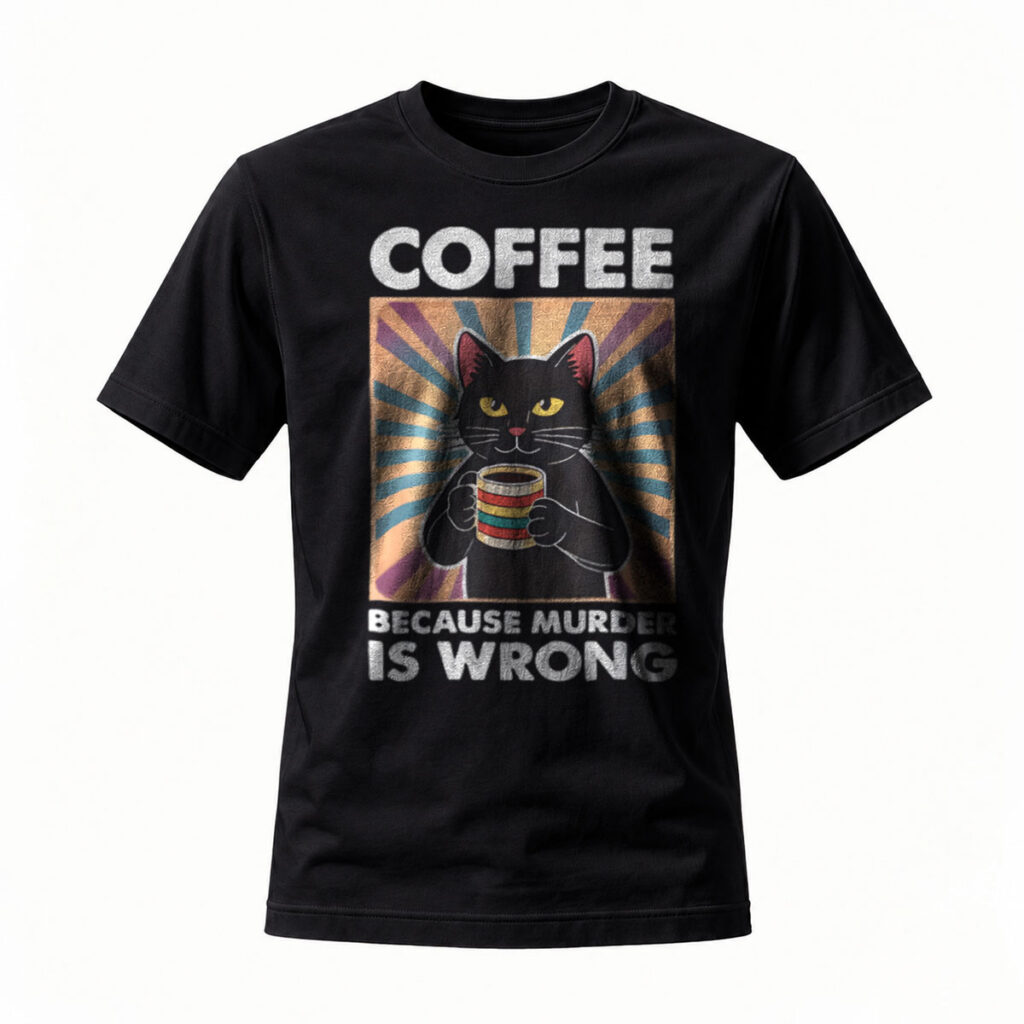 Coffee Cat Because Murder Is Wrong T-Shirt Men's Women's Gift Humor Fun Wear