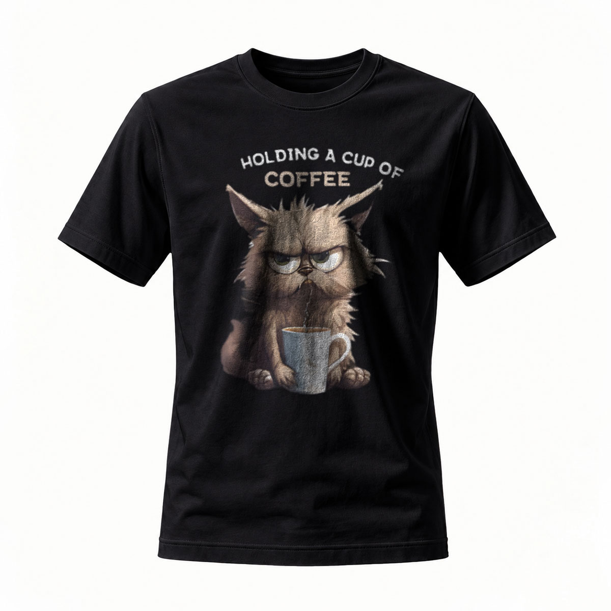 Men's Coffee Cat T-Shirt Holding Cup Funny Gift Wear