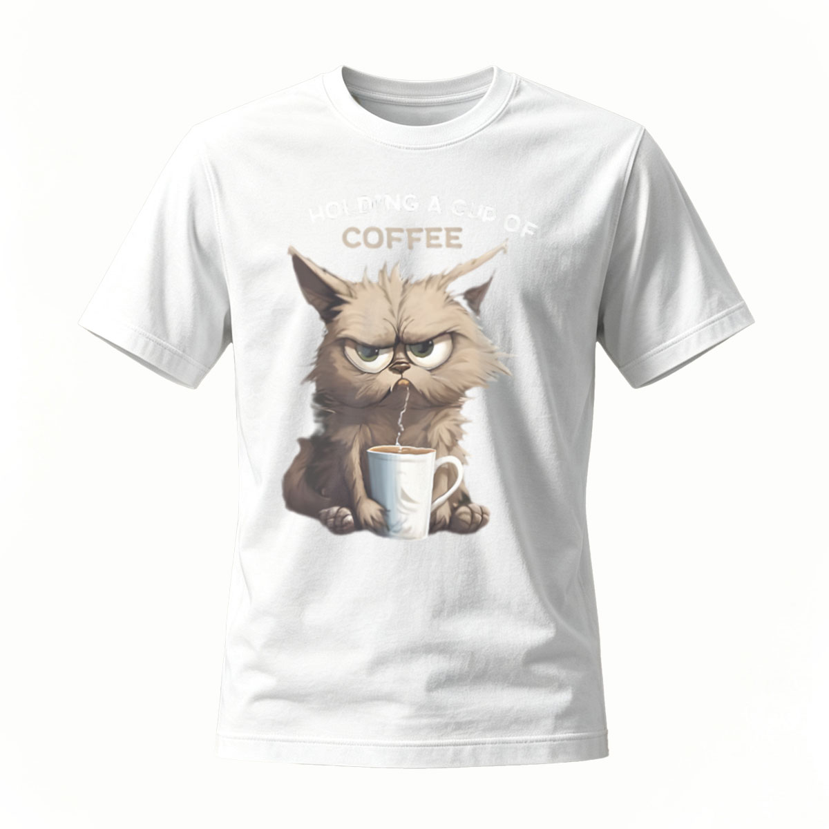 Men's Coffee Cat T-Shirt Holding Cup Funny Gift Wear - Image 2
