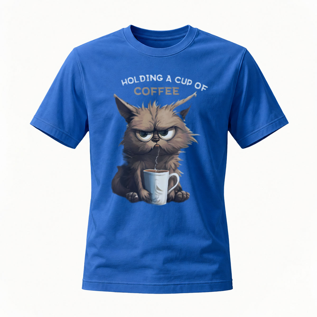 Men's Coffee Cat T-Shirt Holding Cup Funny Gift Wear - Image 4