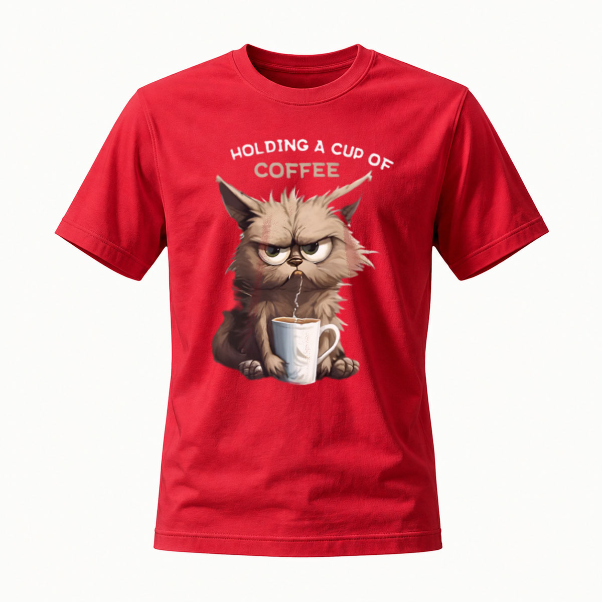 Men's Coffee Cat T-Shirt Holding Cup Funny Gift Wear - Image 5