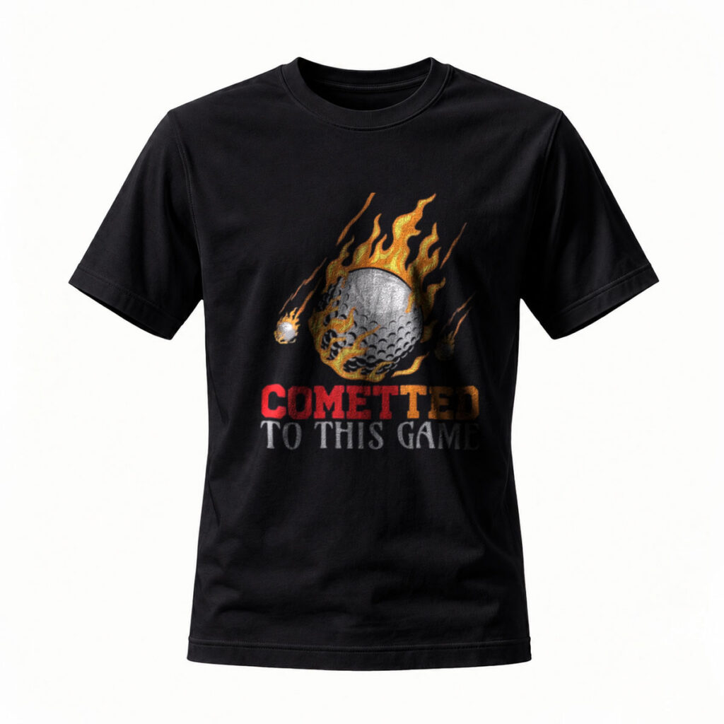 Comet Golf Ball T-Shirt Men's Committed to This Game Fire Design