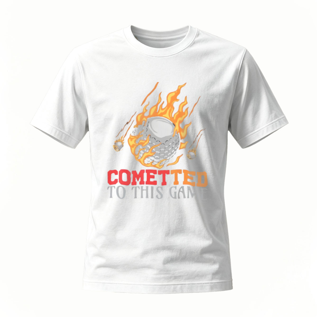 Comet Golf Ball T-Shirt Men's Committed to This Game Fire Design - Image 2