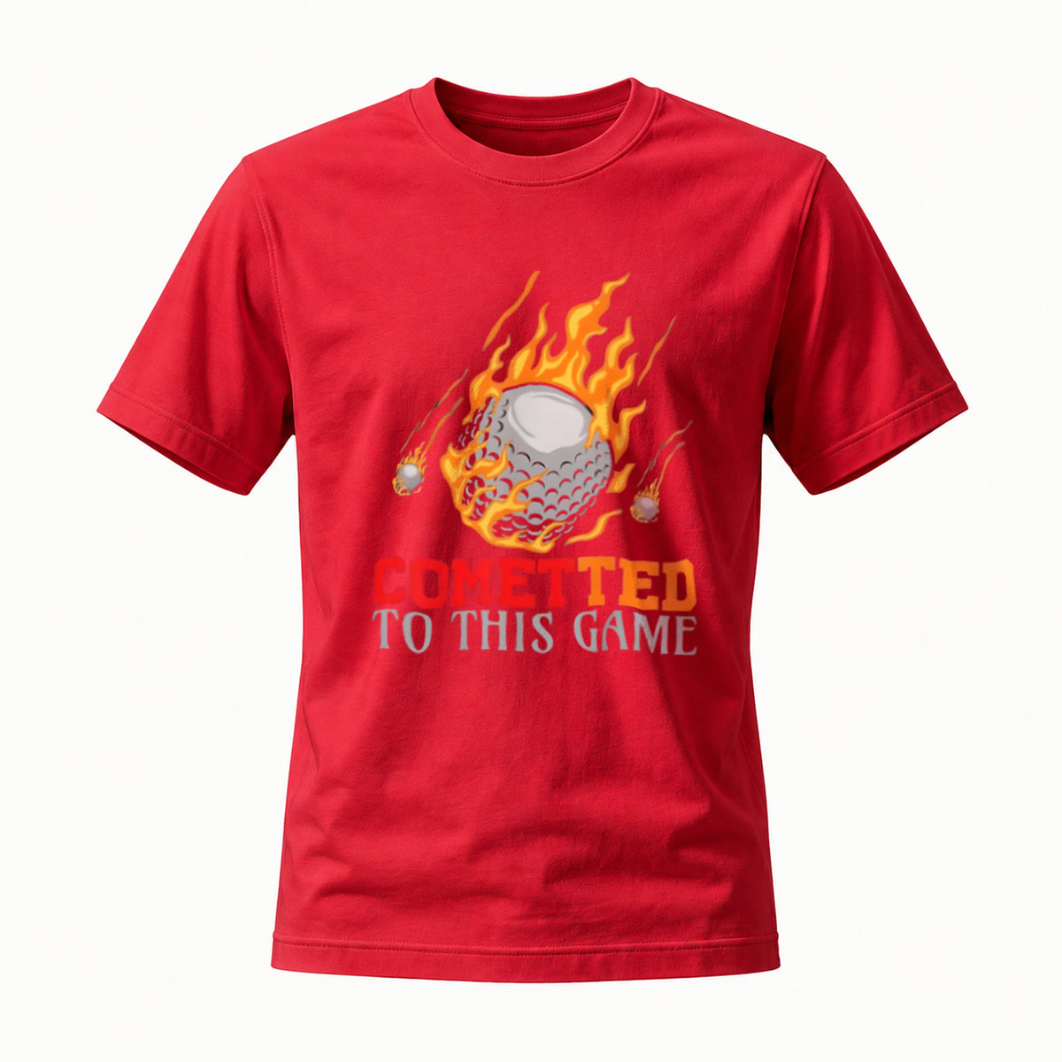 Comet Golf Ball T-Shirt Men's Committed to This Game Fire Design - Image 5
